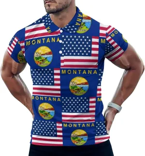 Flag of U.S.A and Montana Slim Fit Men's Short Sleeve Polo Shirts Quick-Dry Breathable Golf T-Shirt Tops