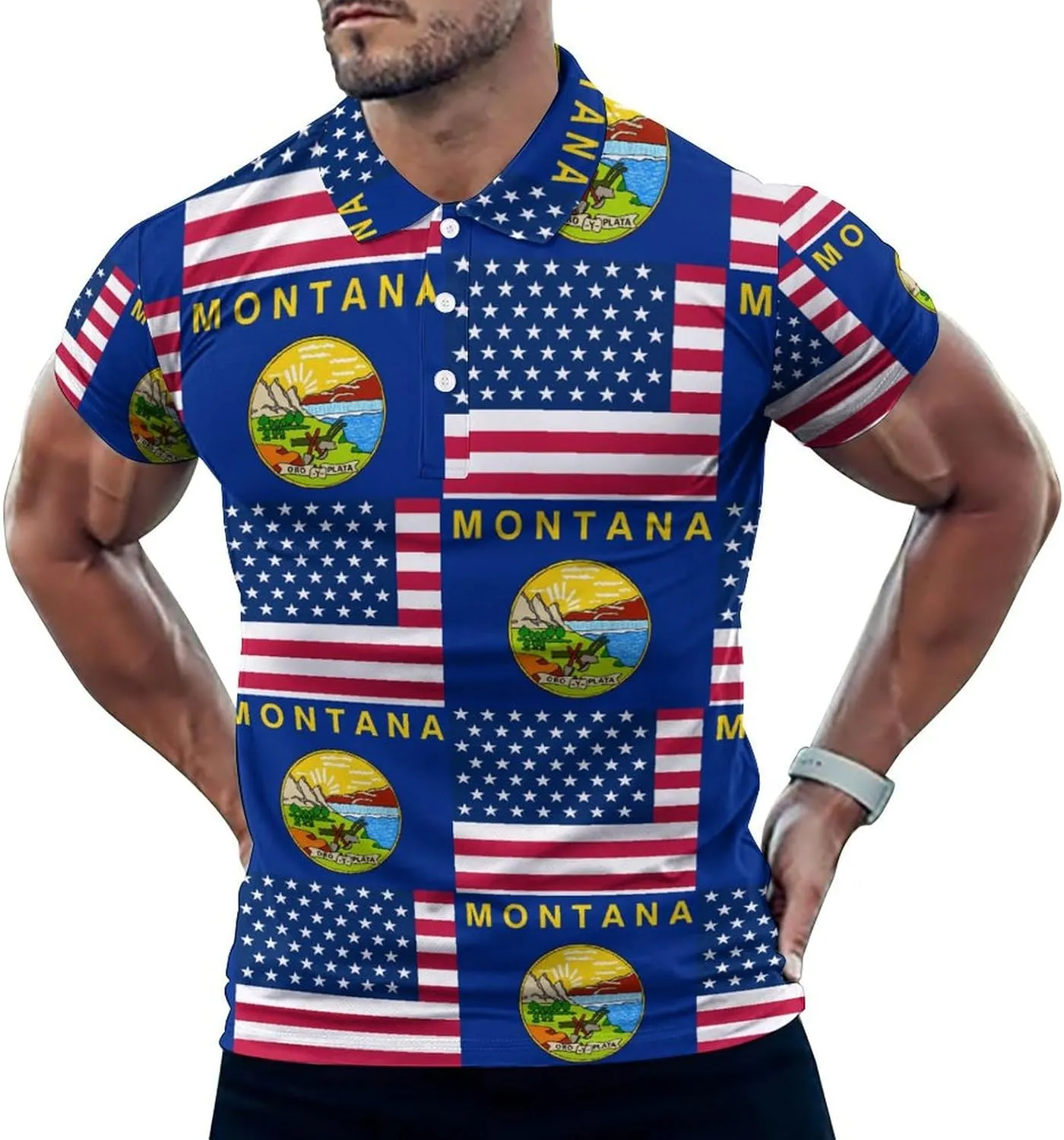 Flag of U.S.A and Montana Slim Fit Men's Short Sleeve Polo Shirts Quick-Dry Breathable Golf T-Shirt Tops
