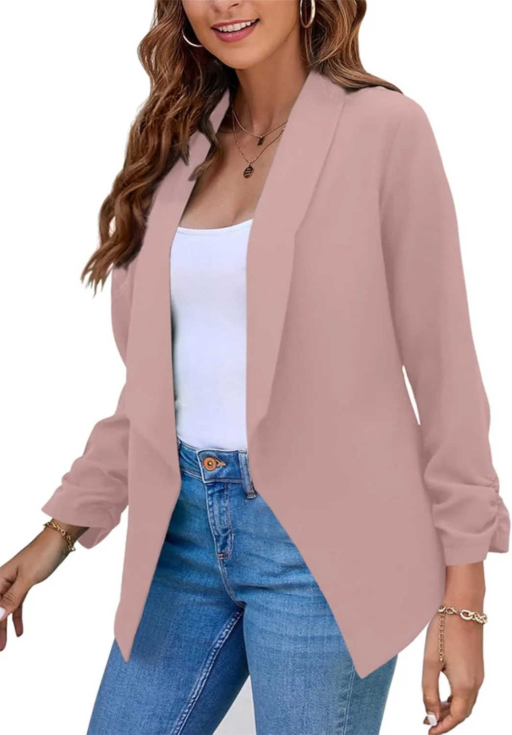 FLITAY Womens Long Sleeve Solid Color Blazer Open Front Elegant Work Jacket Fashion Casual Office Coat
