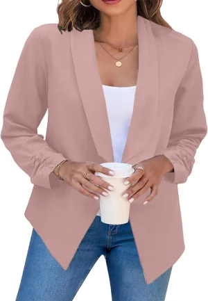 FLITAY Womens Long Sleeve Solid Color Blazer Open Front Elegant Work Jacket Fashion Casual Office Coat