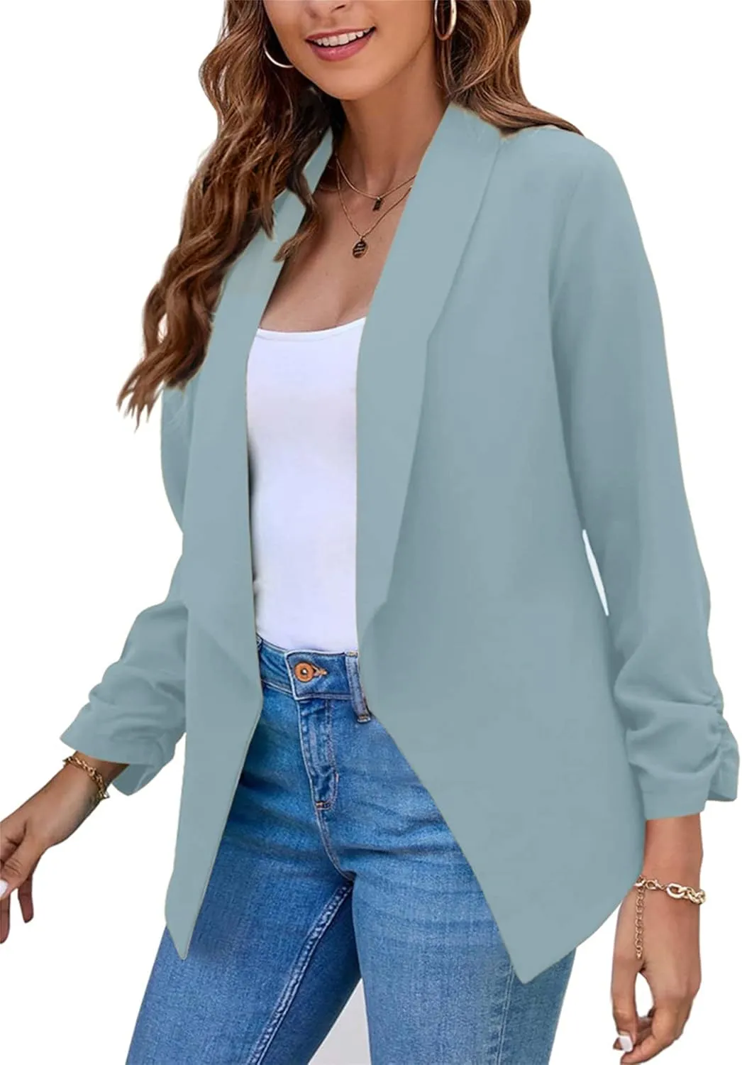 FLITAY Womens Long Sleeve Solid Color Blazer Open Front Elegant Work Jacket Fashion Casual Office Coat