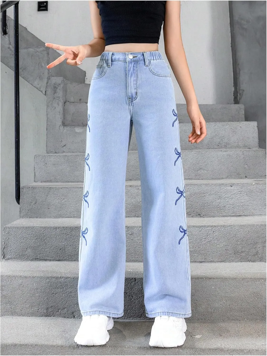 Floerns Girl's Y2k Bowknot Print Elastic Waist Jeans Wide Leg Cute Denim Pants