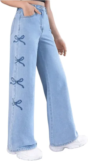 Floerns Girl's Y2k Bowknot Print Elastic Waist Jeans Wide Leg Cute Denim Pants