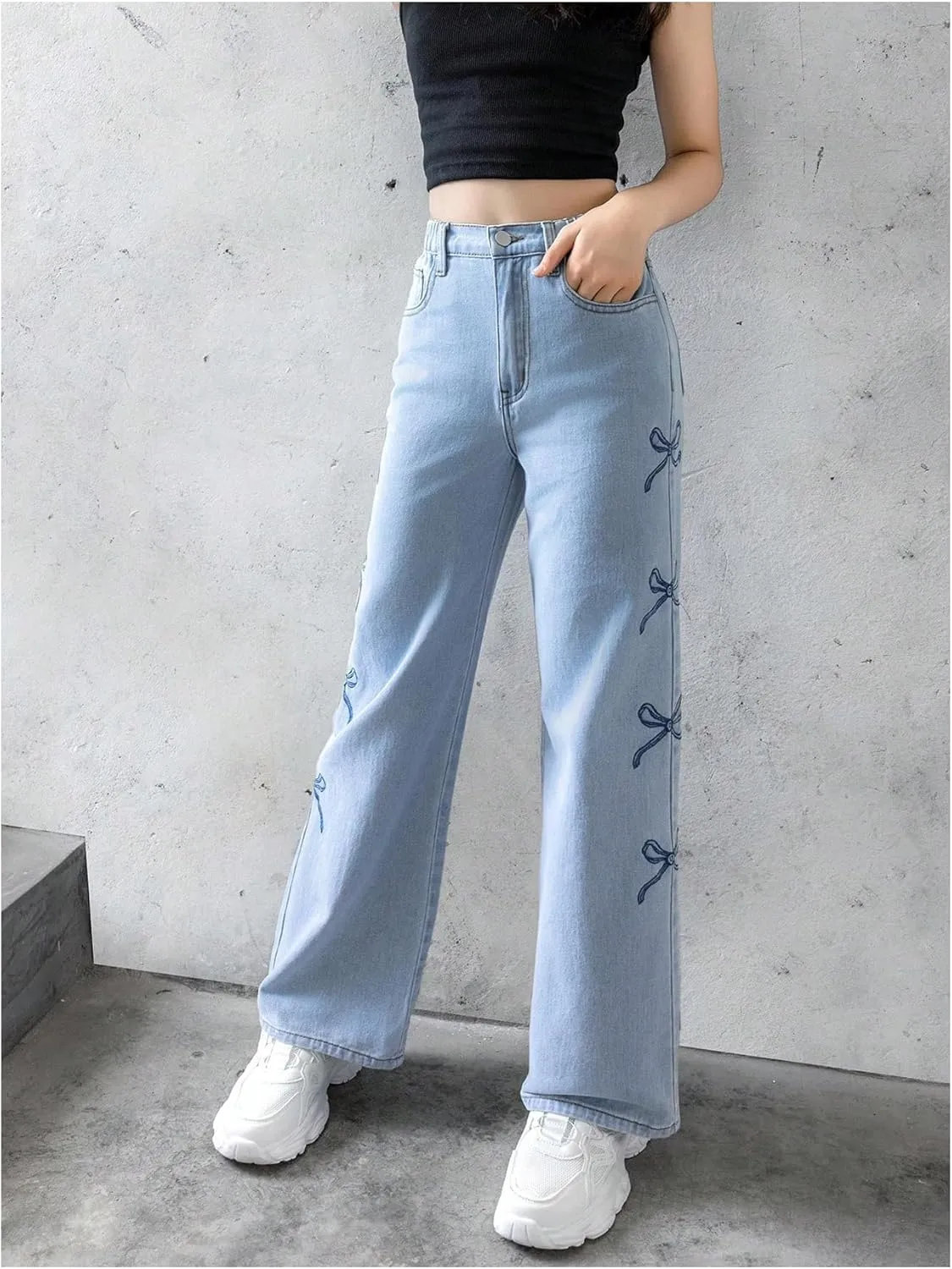 Floerns Girl's Y2k Bowknot Print Elastic Waist Jeans Wide Leg Cute Denim Pants