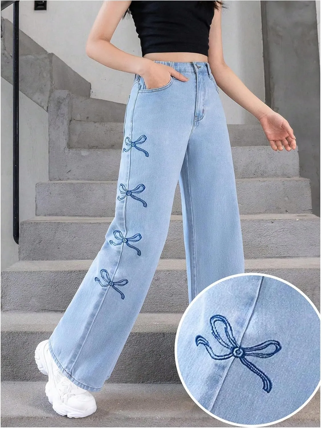 Floerns Girl's Y2k Bowknot Print Elastic Waist Jeans Wide Leg Cute Denim Pants