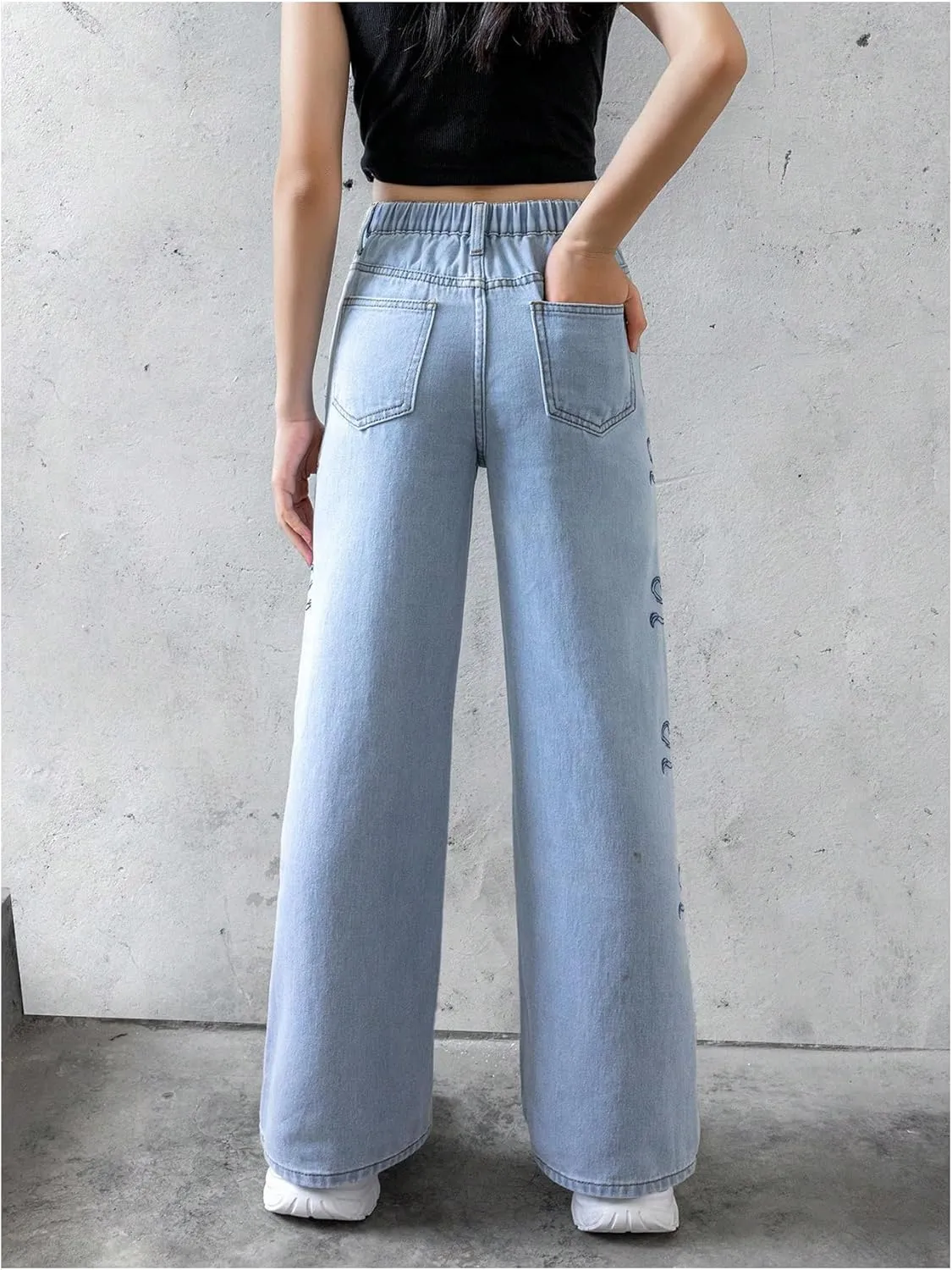 Floerns Girl's Y2k Bowknot Print Elastic Waist Jeans Wide Leg Cute Denim Pants