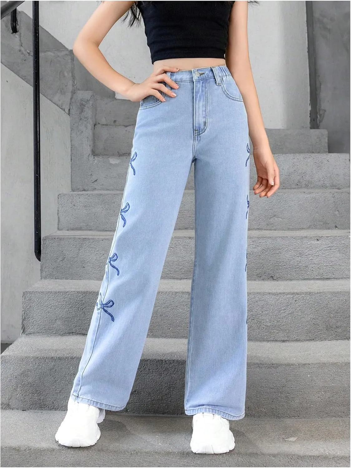 Floerns Girl's Y2k Bowknot Print Elastic Waist Jeans Wide Leg Cute Denim Pants