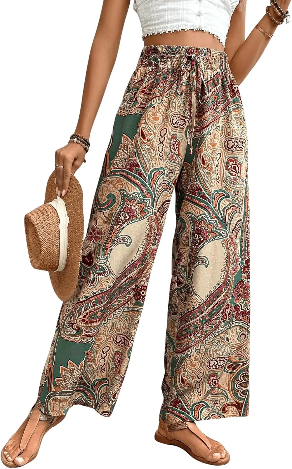 Floerns Women's Boho Allover Print Elastic Waist Belted Wide Leg Pants