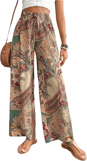 Floerns Women's Boho Allover Print Elastic Waist Belted Wide Leg Pants