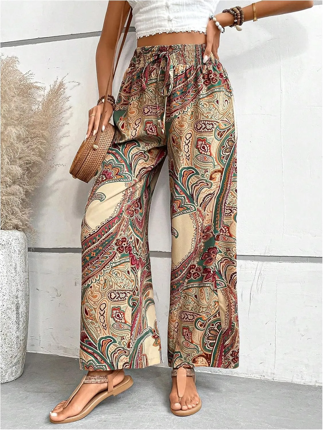 Floerns Women's Boho Allover Print Elastic Waist Belted Wide Leg Pants