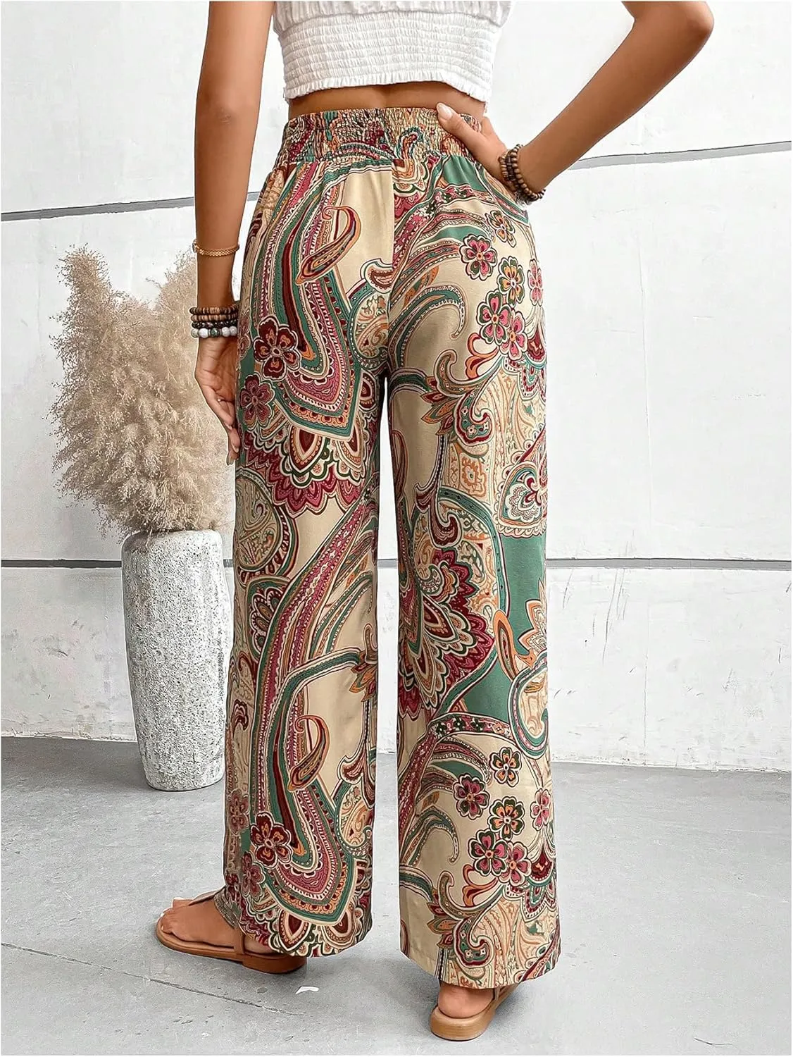 Floerns Women's Boho Allover Print Elastic Waist Belted Wide Leg Pants