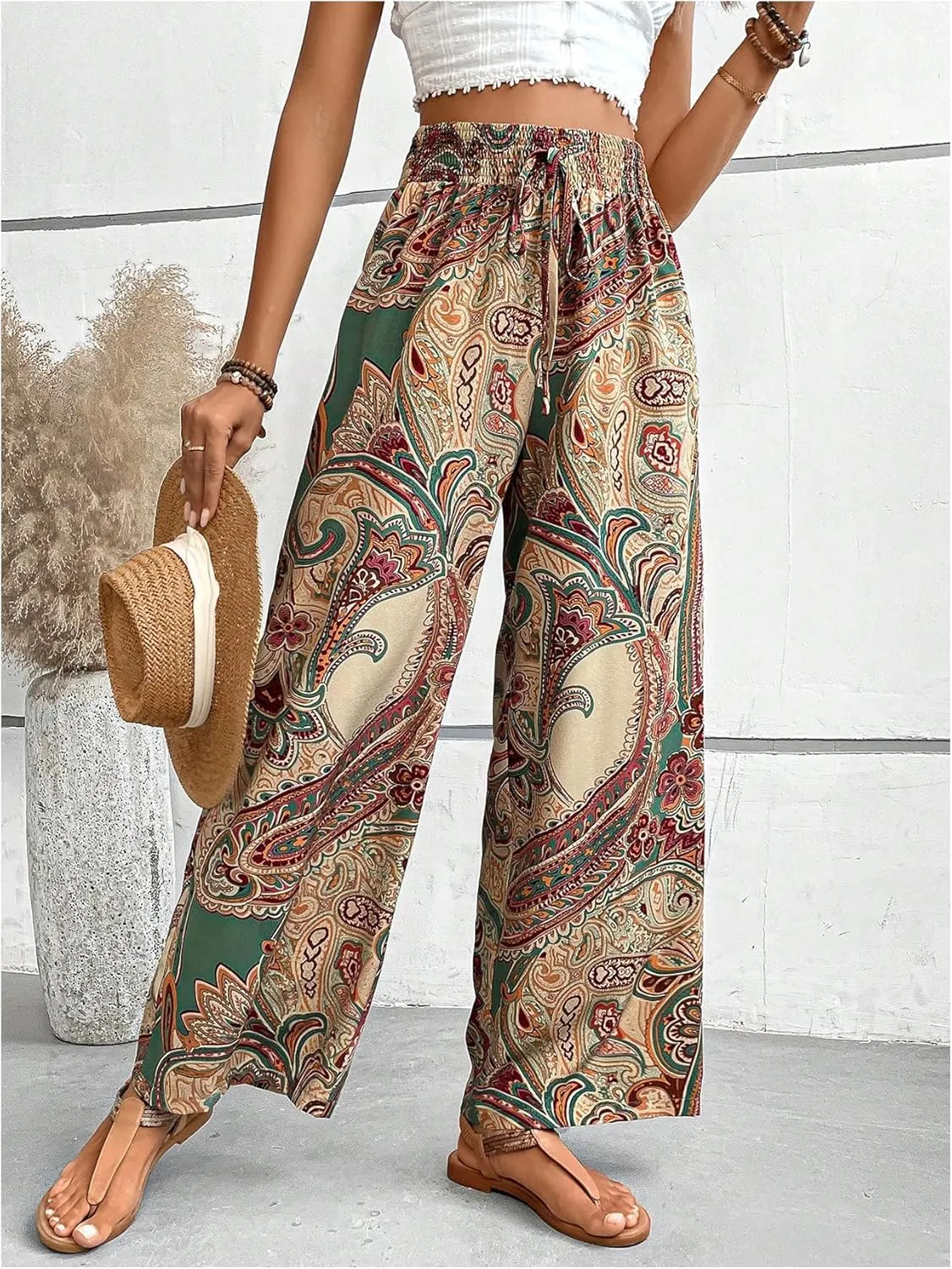 Floerns Women's Boho Allover Print Elastic Waist Belted Wide Leg Pants