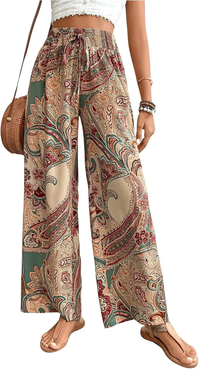 Floerns Women's Boho Allover Print Elastic Waist Belted Wide Leg Pants
