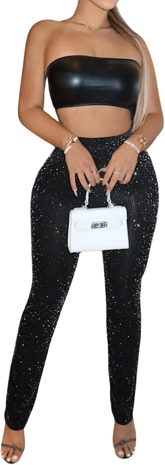 Floerns Women's Contrast Sequin Elastic Waist Shiny Straight Leg Party Pants