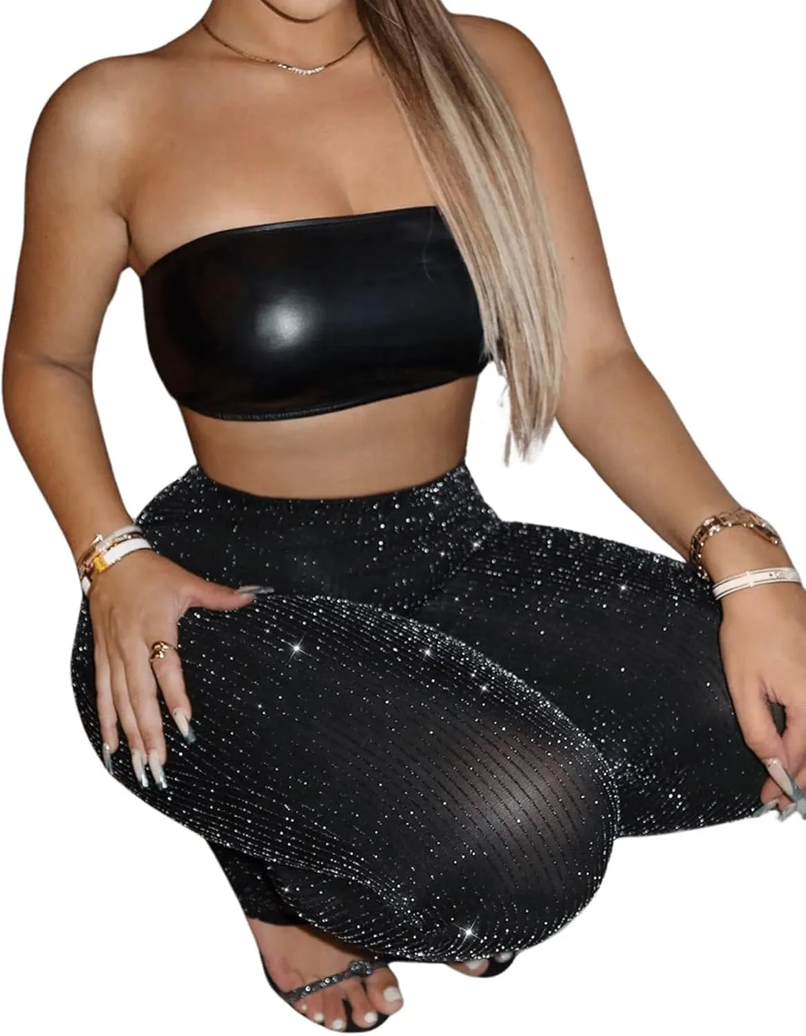 Floerns Women's Contrast Sequin Elastic Waist Shiny Straight Leg Party Pants