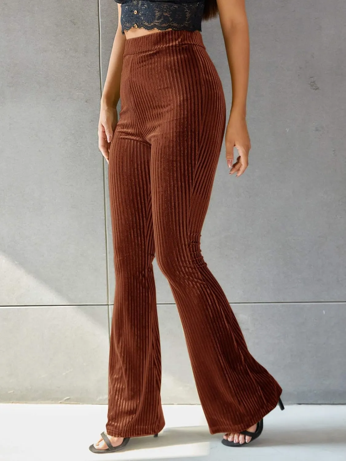 Floerns Women's Velvet Elastic Waist Flare Leg Palazzo Long Pants Trousers
