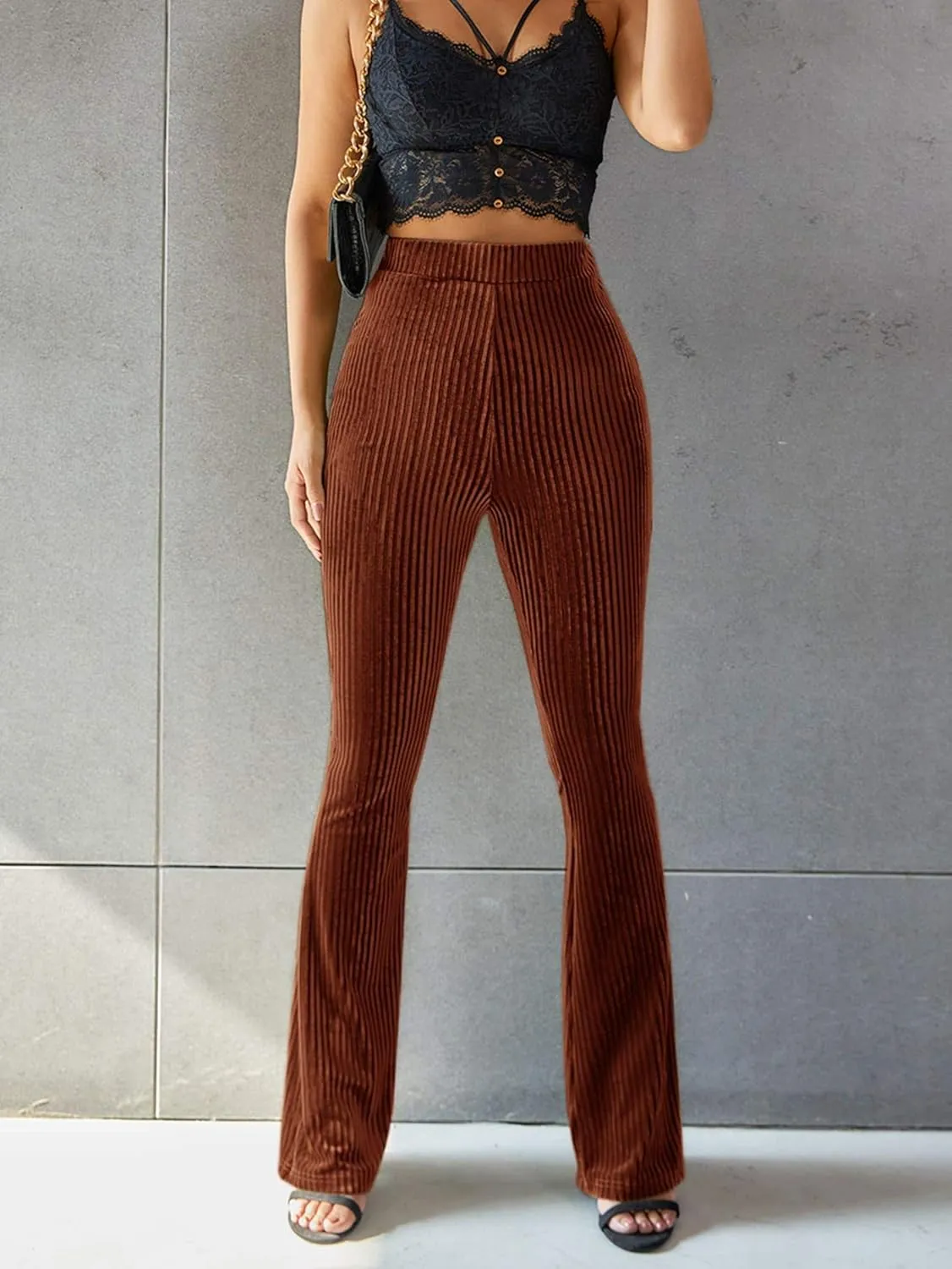 Floerns Women's Velvet Elastic Waist Flare Leg Palazzo Long Pants Trousers