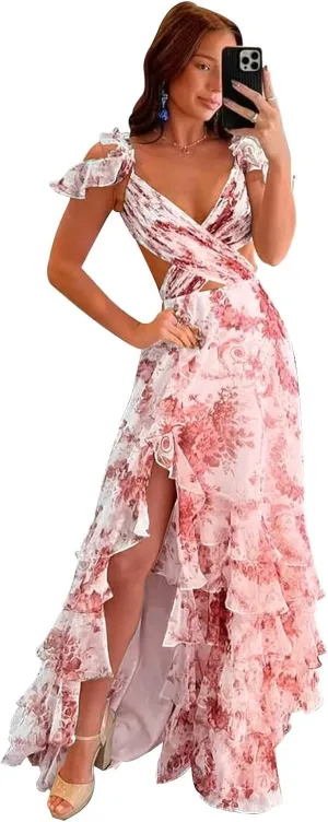 Floral Print Tiered Prom Dress with Slit Long Cross V Neck Ruffle Formal Evening Party Gown