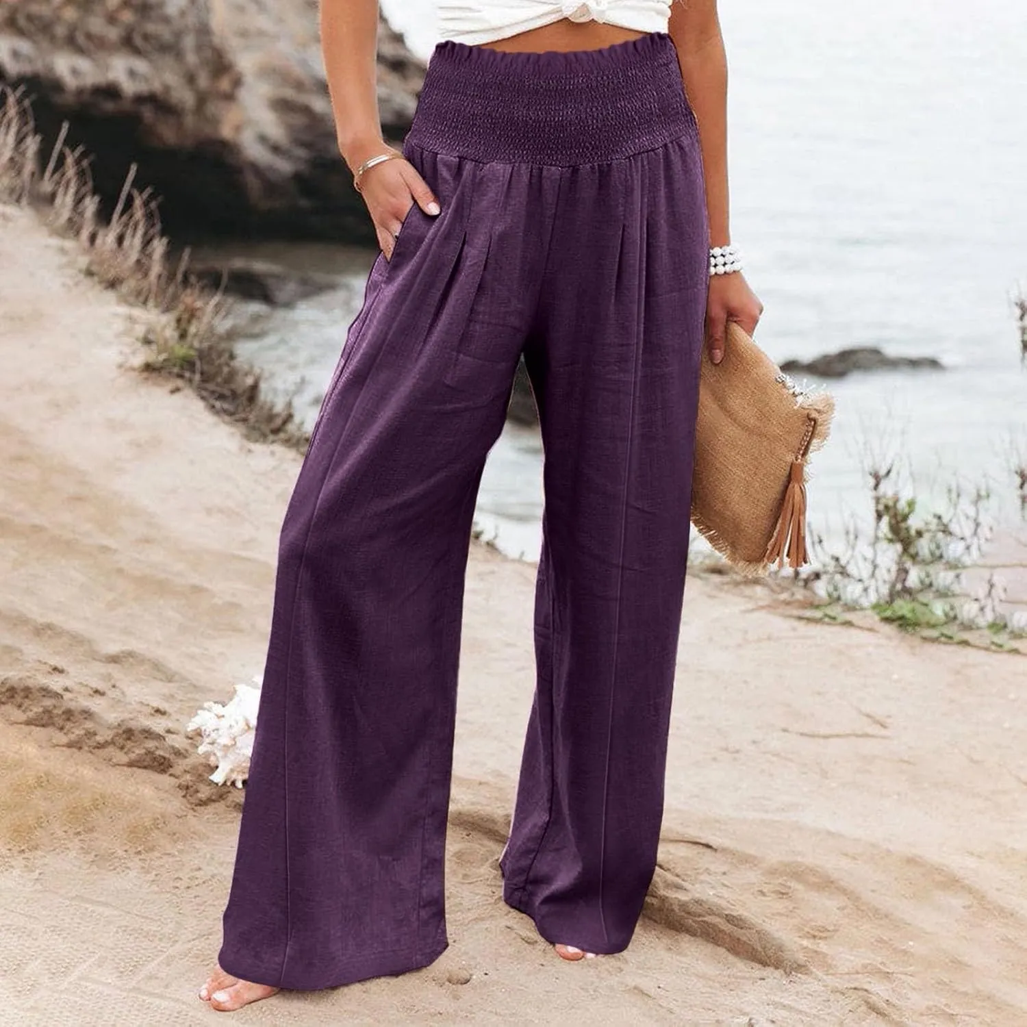 Flwoy Palazzo Pants for Women Smocked Elastic Waist Boho Linen Wide Leg Pants Casual Flowy Summer Pants with Pockets