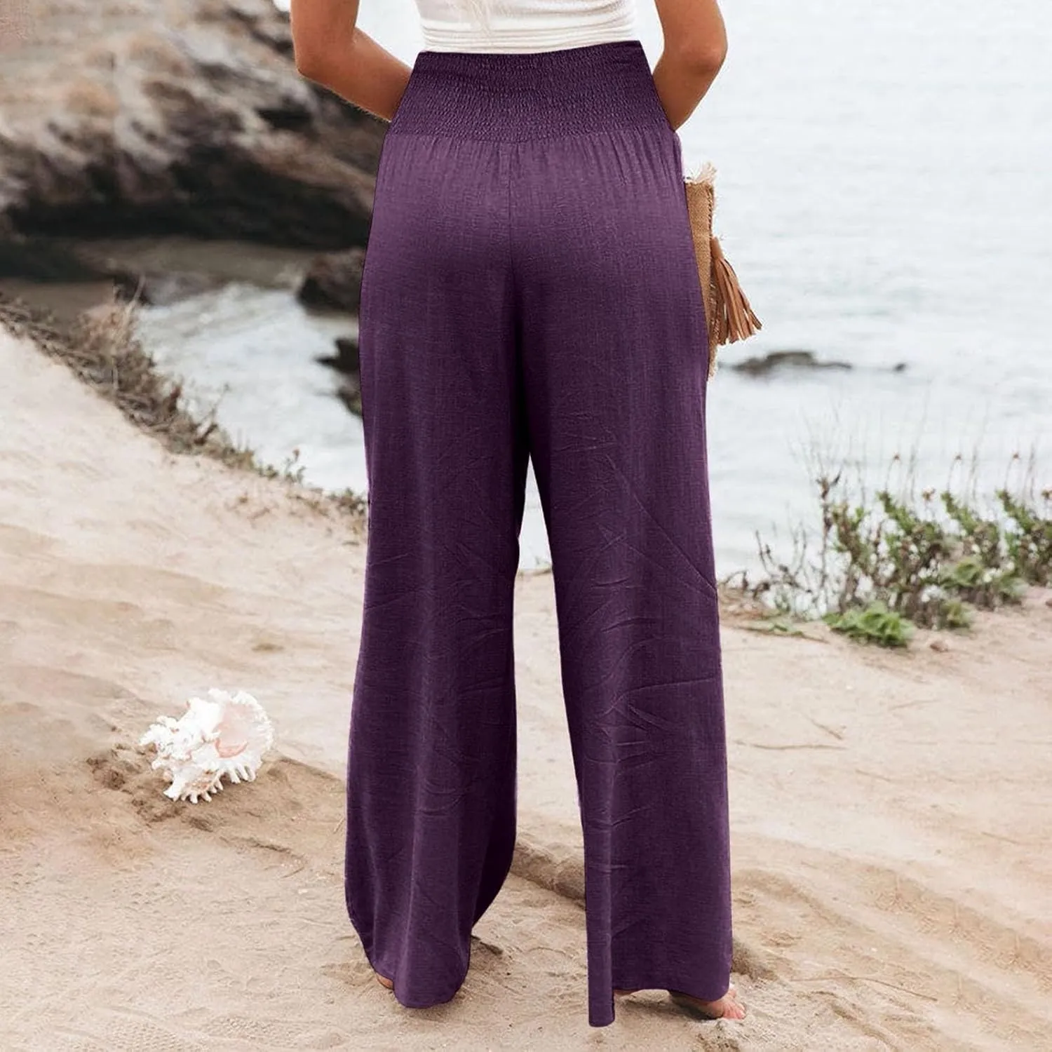 Flwoy Palazzo Pants for Women Smocked Elastic Waist Boho Linen Wide Leg Pants Casual Flowy Summer Pants with Pockets