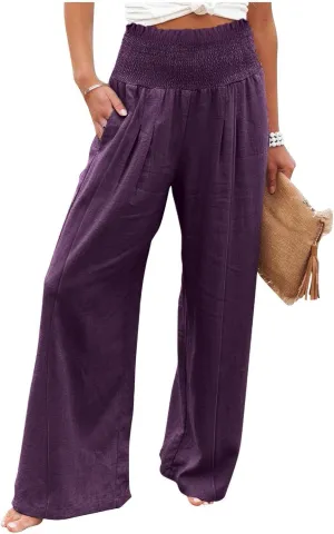Flwoy Palazzo Pants for Women Smocked Elastic Waist Boho Linen Wide Leg Pants Casual Flowy Summer Pants with Pockets