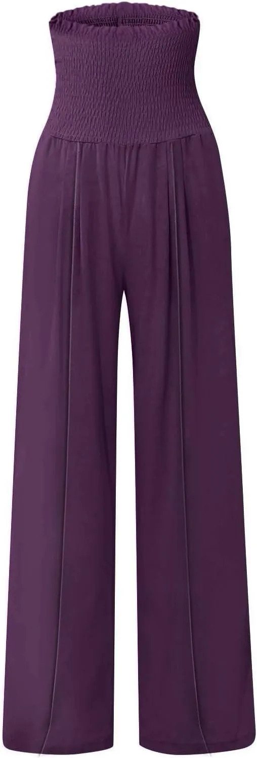Flwoy Palazzo Pants for Women Smocked Elastic Waist Boho Linen Wide Leg Pants Casual Flowy Summer Pants with Pockets