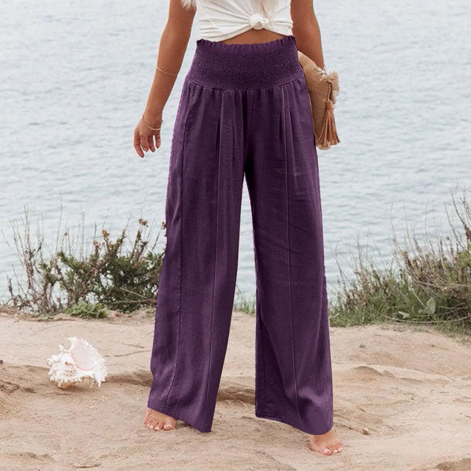 Flwoy Palazzo Pants for Women Smocked Elastic Waist Boho Linen Wide Leg Pants Casual Flowy Summer Pants with Pockets