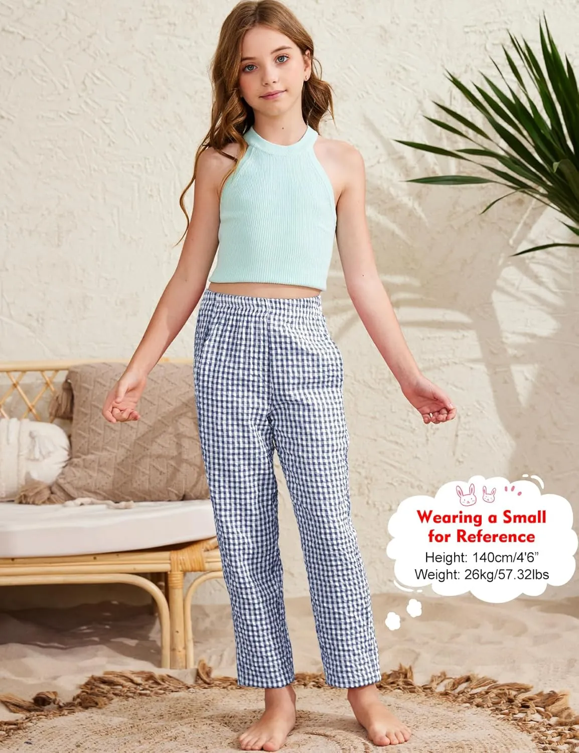 Flygo Girls Plaid Wide Leg Pants Gingham Elastic Waist Trousers Cute Print Bottoms with Slant Pockets