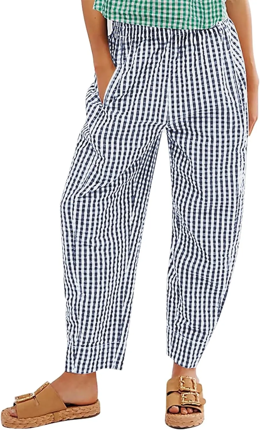 Flygo Girls Plaid Wide Leg Pants Gingham Elastic Waist Trousers Cute Print Bottoms with Slant Pockets