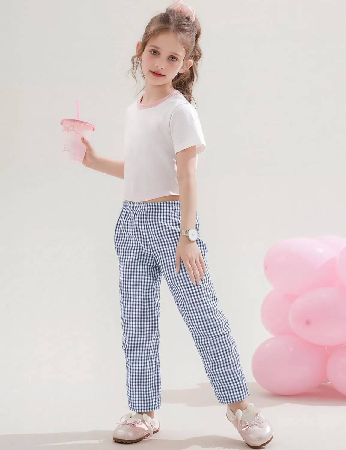 Flygo Girls Plaid Wide Leg Pants Gingham Elastic Waist Trousers Cute Print Bottoms with Slant Pockets