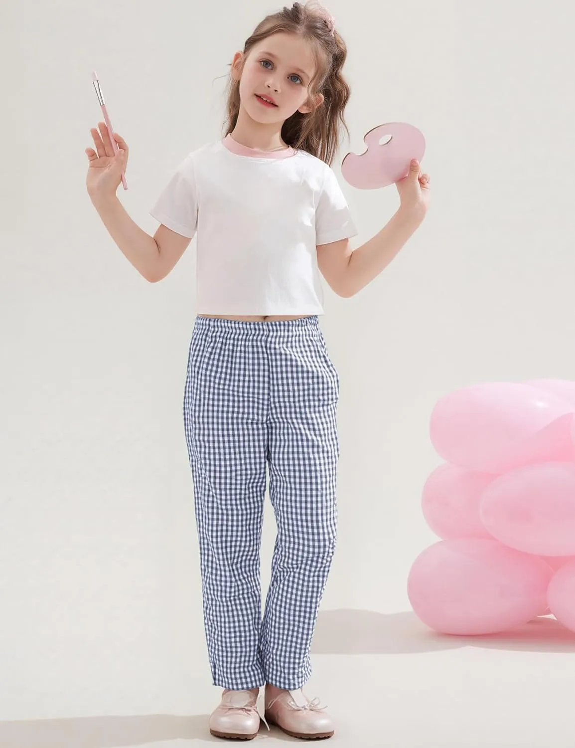 Flygo Girls Plaid Wide Leg Pants Gingham Elastic Waist Trousers Cute Print Bottoms with Slant Pockets