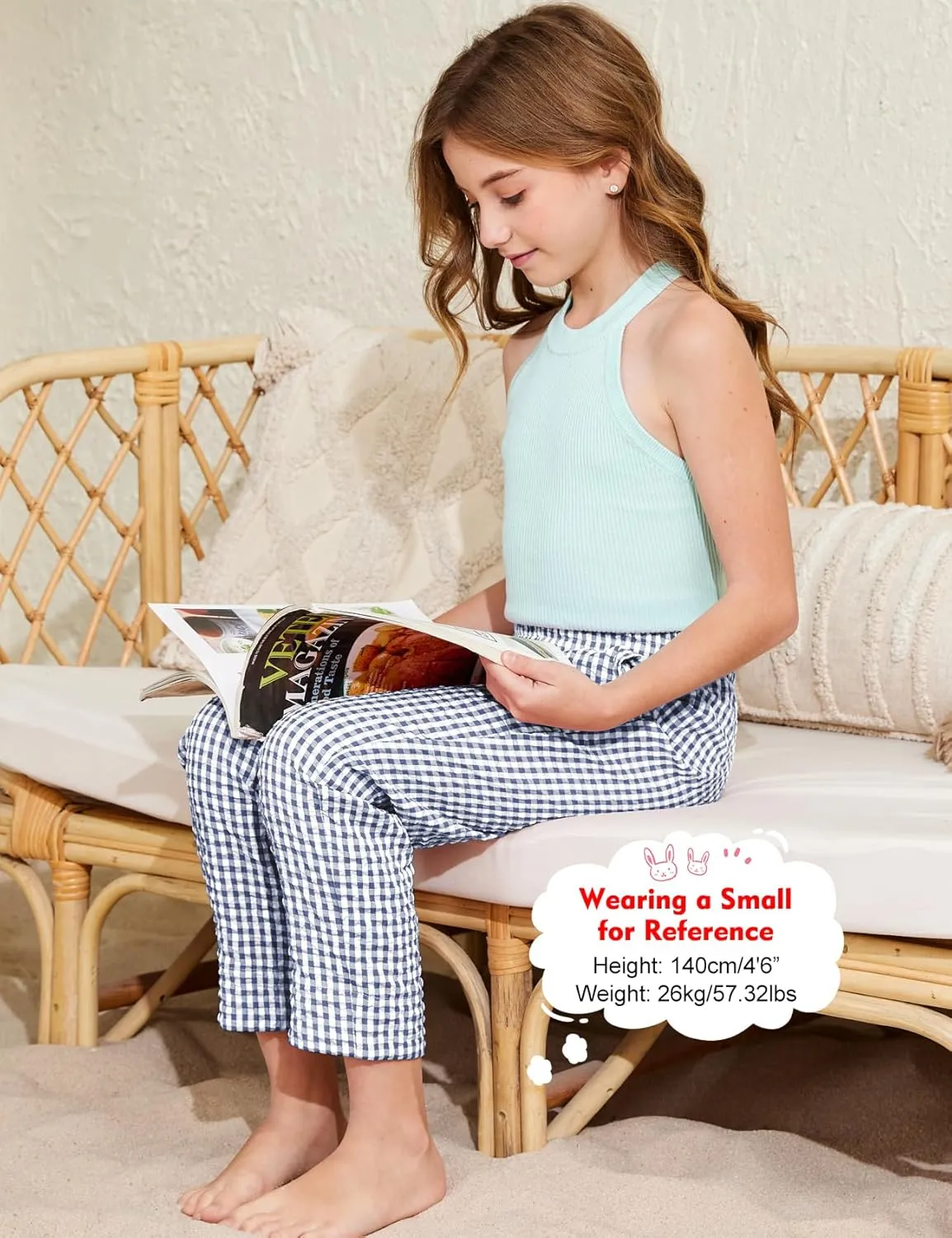 Flygo Girls Plaid Wide Leg Pants Gingham Elastic Waist Trousers Cute Print Bottoms with Slant Pockets