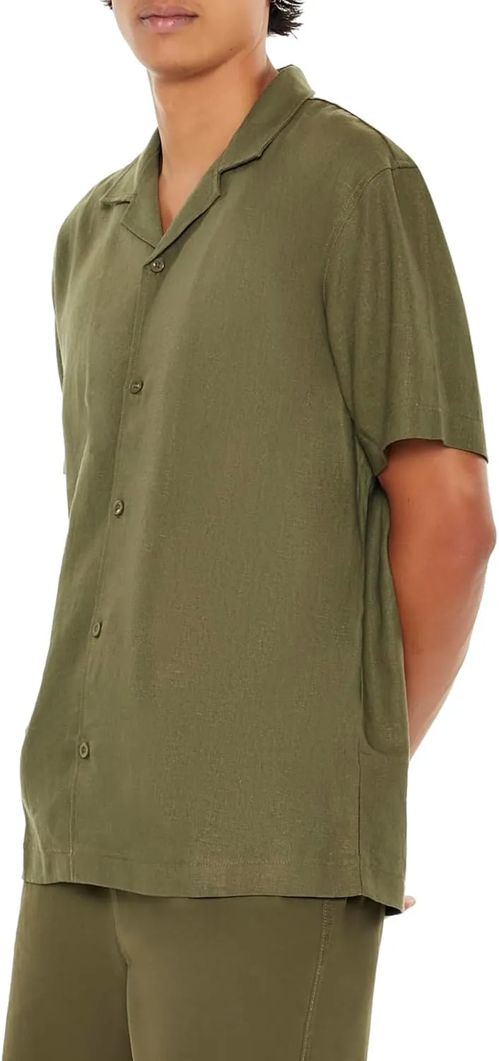 Forever 21 Men's Linen-Blend Cuban-Collar Shirt