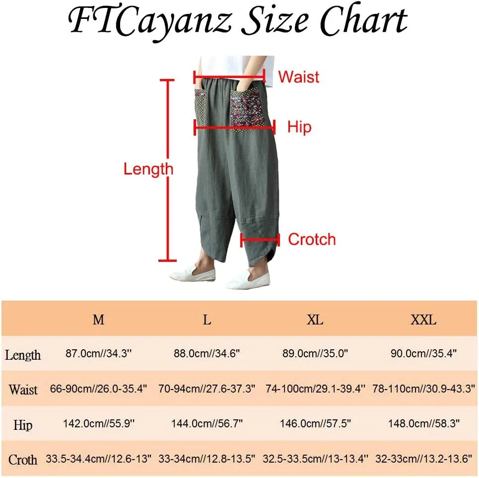 FTCayanz Women's Linen Wide Leg Pants Baggy Tapered Cropped Pants Elastic Waist Trousers