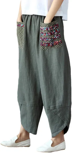 FTCayanz Women's Linen Wide Leg Pants Baggy Tapered Cropped Pants Elastic Waist Trousers