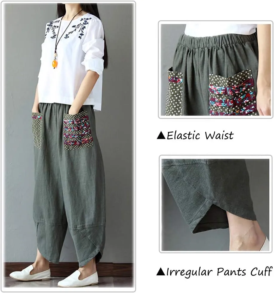 FTCayanz Women's Linen Wide Leg Pants Baggy Tapered Cropped Pants Elastic Waist Trousers