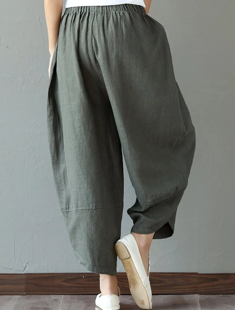 FTCayanz Women's Linen Wide Leg Pants Baggy Tapered Cropped Pants Elastic Waist Trousers