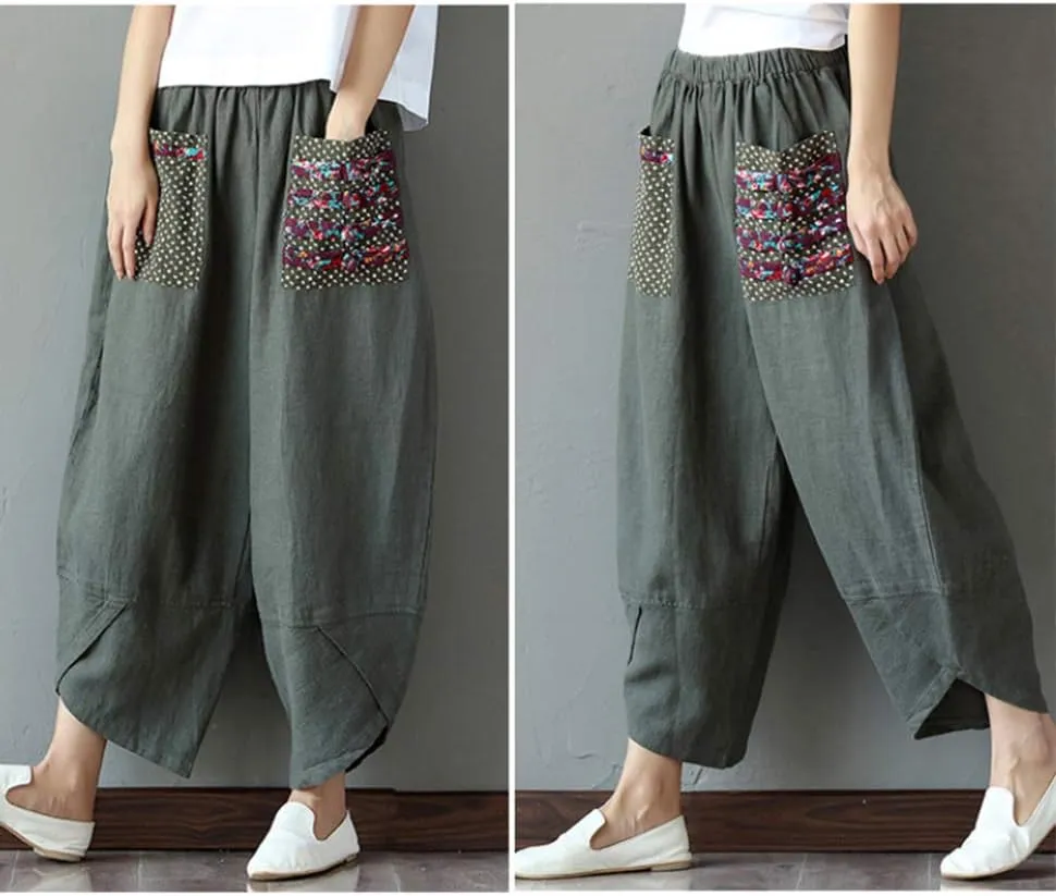 FTCayanz Women's Linen Wide Leg Pants Baggy Tapered Cropped Pants Elastic Waist Trousers