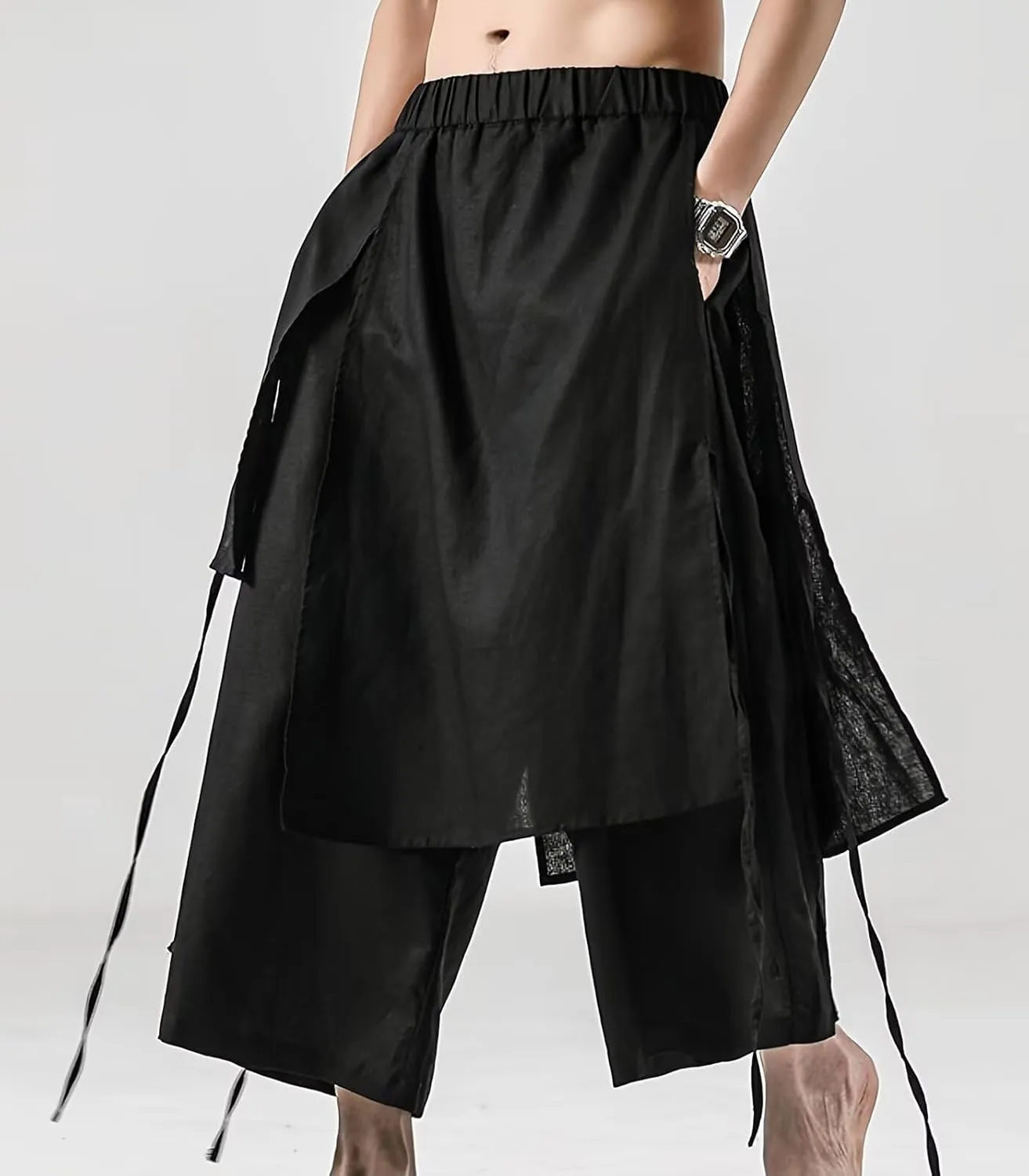 FTIMILD Men's Casual Japanese Wide Leg Harem Pants Baggy Elastic Waist Skirt Pants Leightweight Breathable Pnats