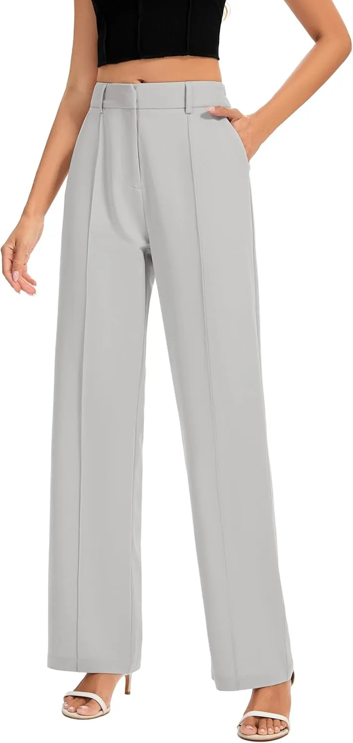 FUNYYZO Women Long Dress Pants High Waisted Work Pants Dressy Casual Straight Leg Elastic Waist Trousers