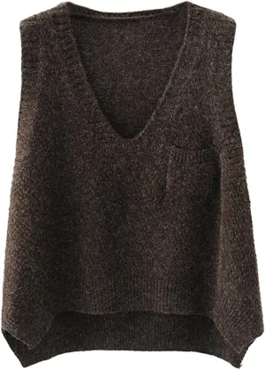 futurino Women's Boxy Solid Color Low V Neck Marled Knitted Sweater Vest Tops