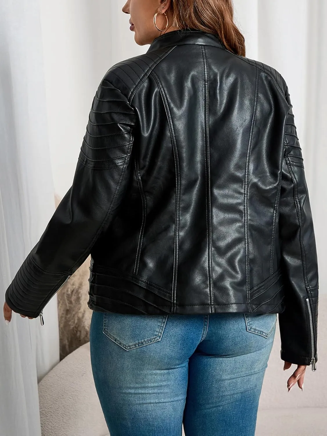Geschallino Women's Faux Leather Jacket Plus Size Motorcycle Biker Clothes Outfits Short Fashion PU Coat (1X-5X)