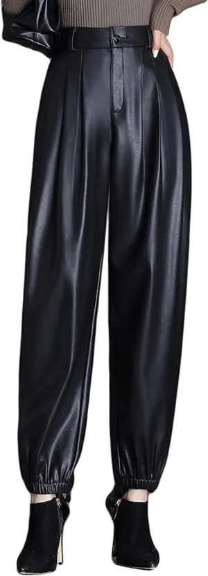 GGUHHU Womens High Waist Faux Leather Harem Pants Fleece Lined Thick Long Trousers