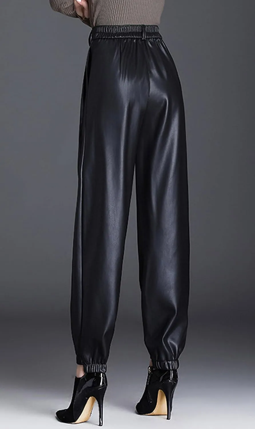 GGUHHU Womens High Waist Faux Leather Harem Pants Fleece Lined Thick Long Trousers