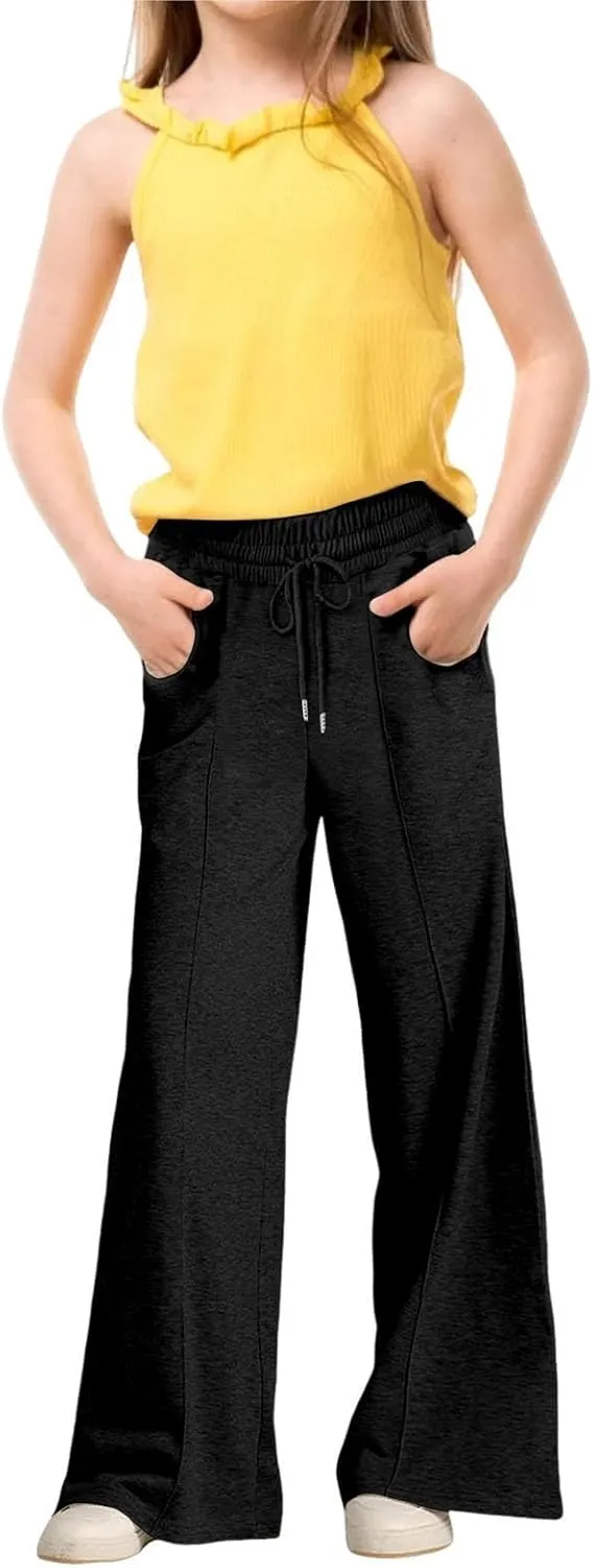 Girls' Wide Leg Sweatpants High Elastic Waist Pants rawstring Casual Straight Leg Jogger Swearpants with Pocket
