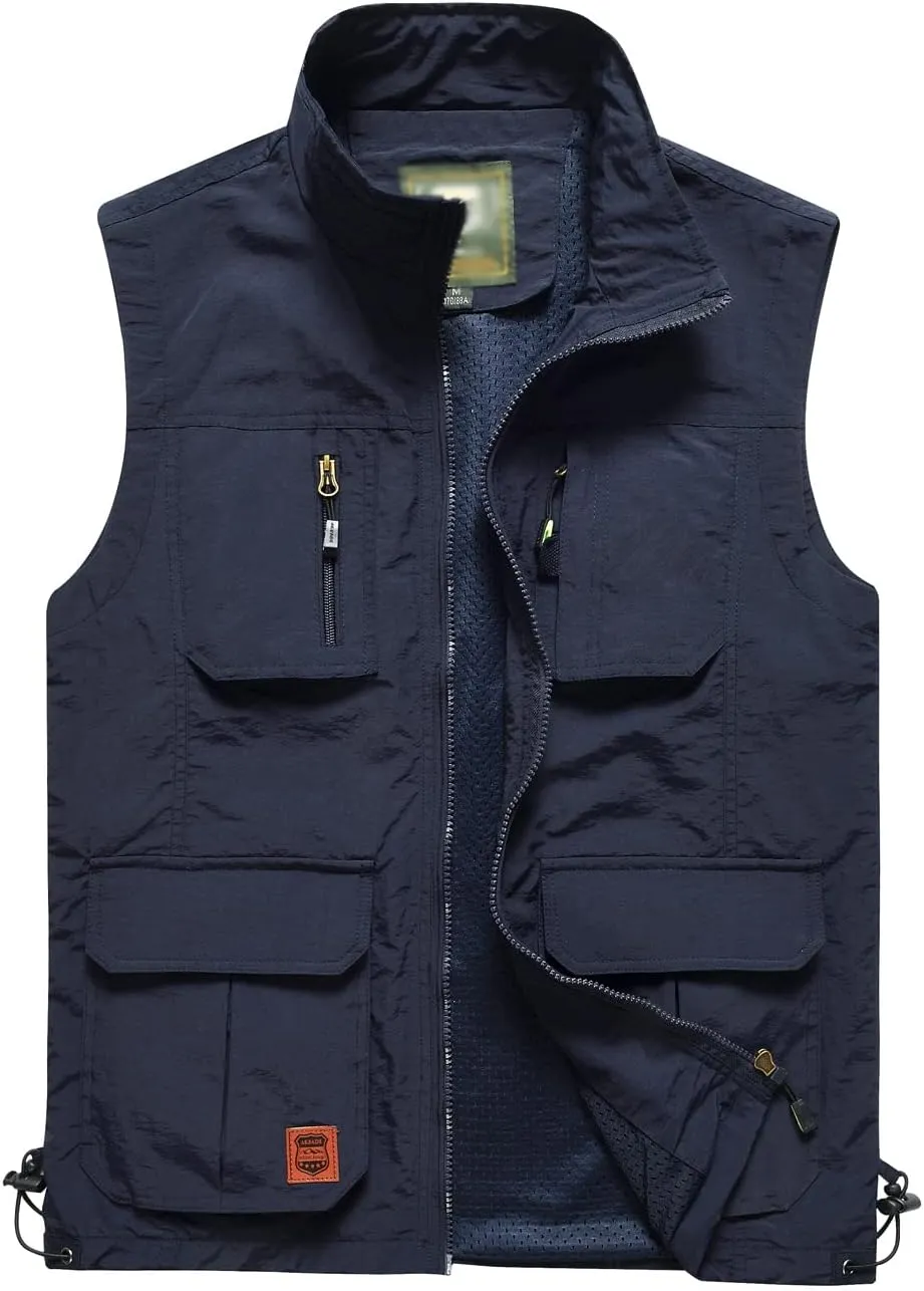 Gnveub Mens Fishing Vest Outdoor Work Quick-Dry Hunting Zip Reversible Travel Vest Jacket with Multi Pockets