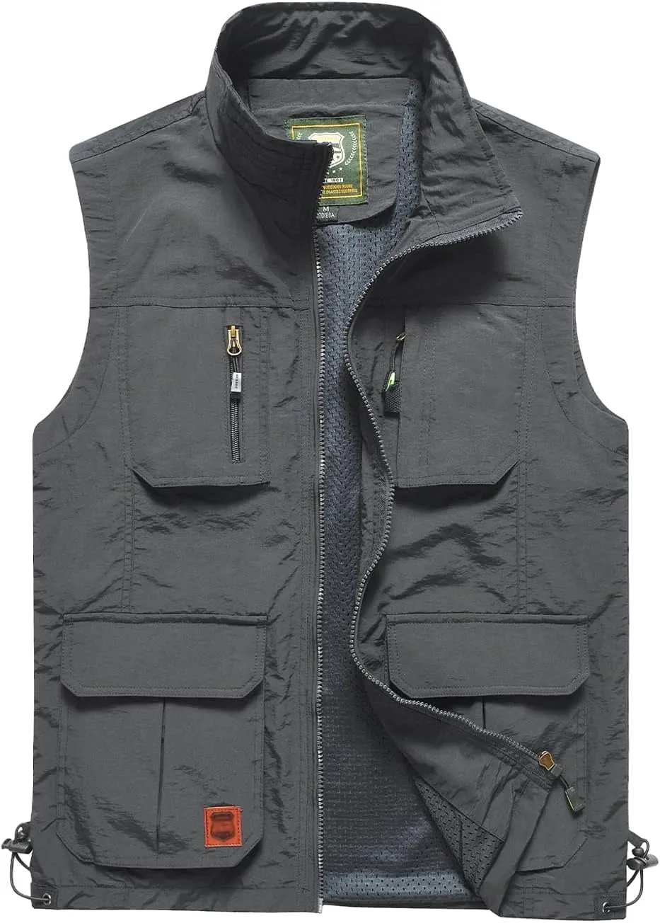 Gnveub Mens Fishing Vest Outdoor Work Quick-Dry Hunting Zip Reversible Travel Vest Jacket with Multi Pockets
