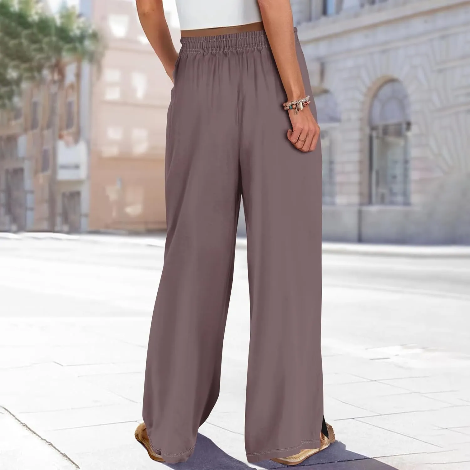 GOFULY Wide Leg Flowy Pants for Women Summer 2025 Beach Palazzo Pants High Elastic Waist Drawstring Side Slit Pockets Trouser
