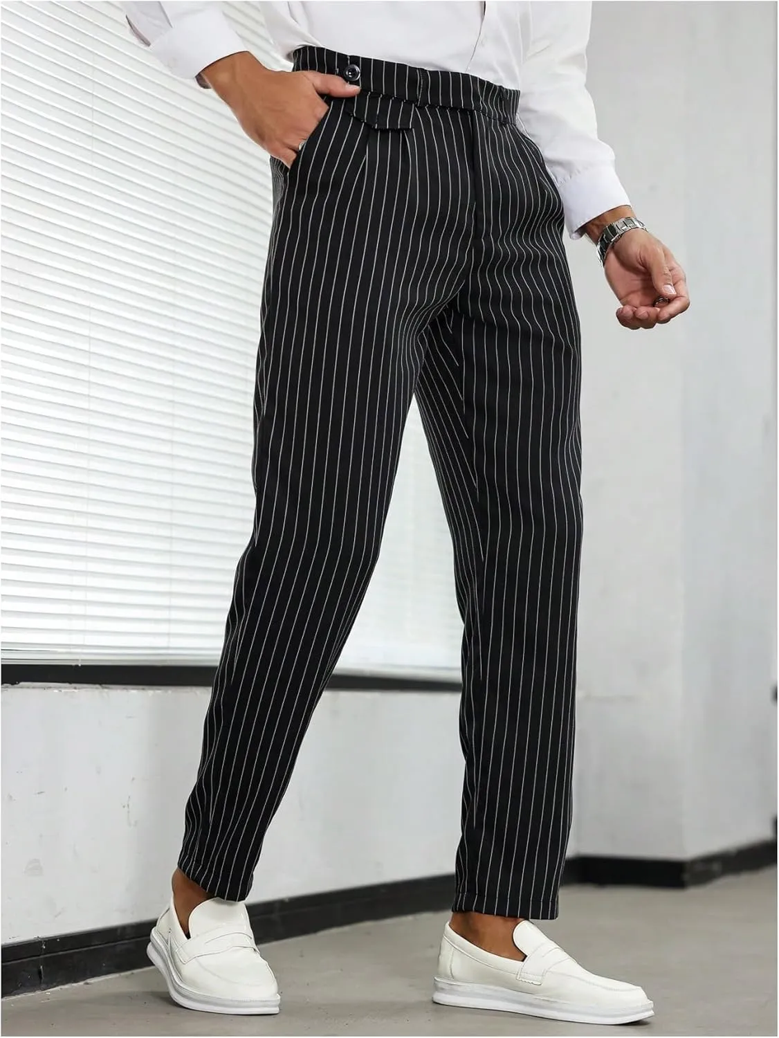 GORGLITTER Men's Striped Dress Pants Slim Fit Business Work Suit Long Trousers