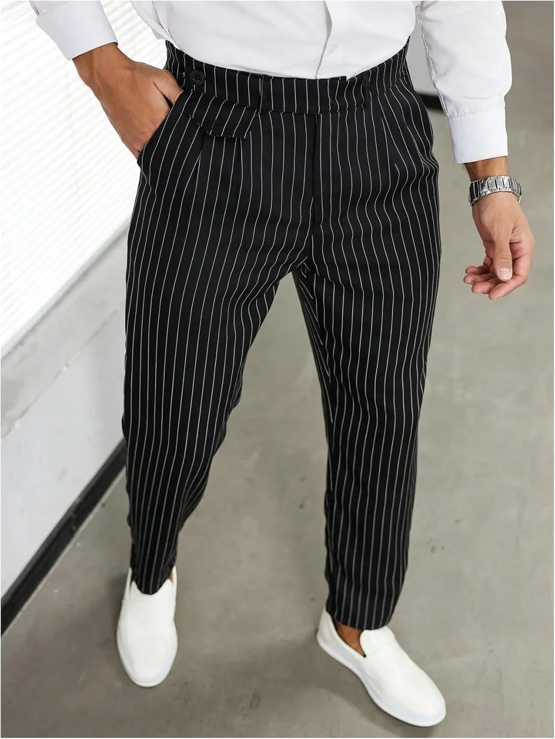 GORGLITTER Men's Striped Dress Pants Slim Fit Business Work Suit Long Trousers